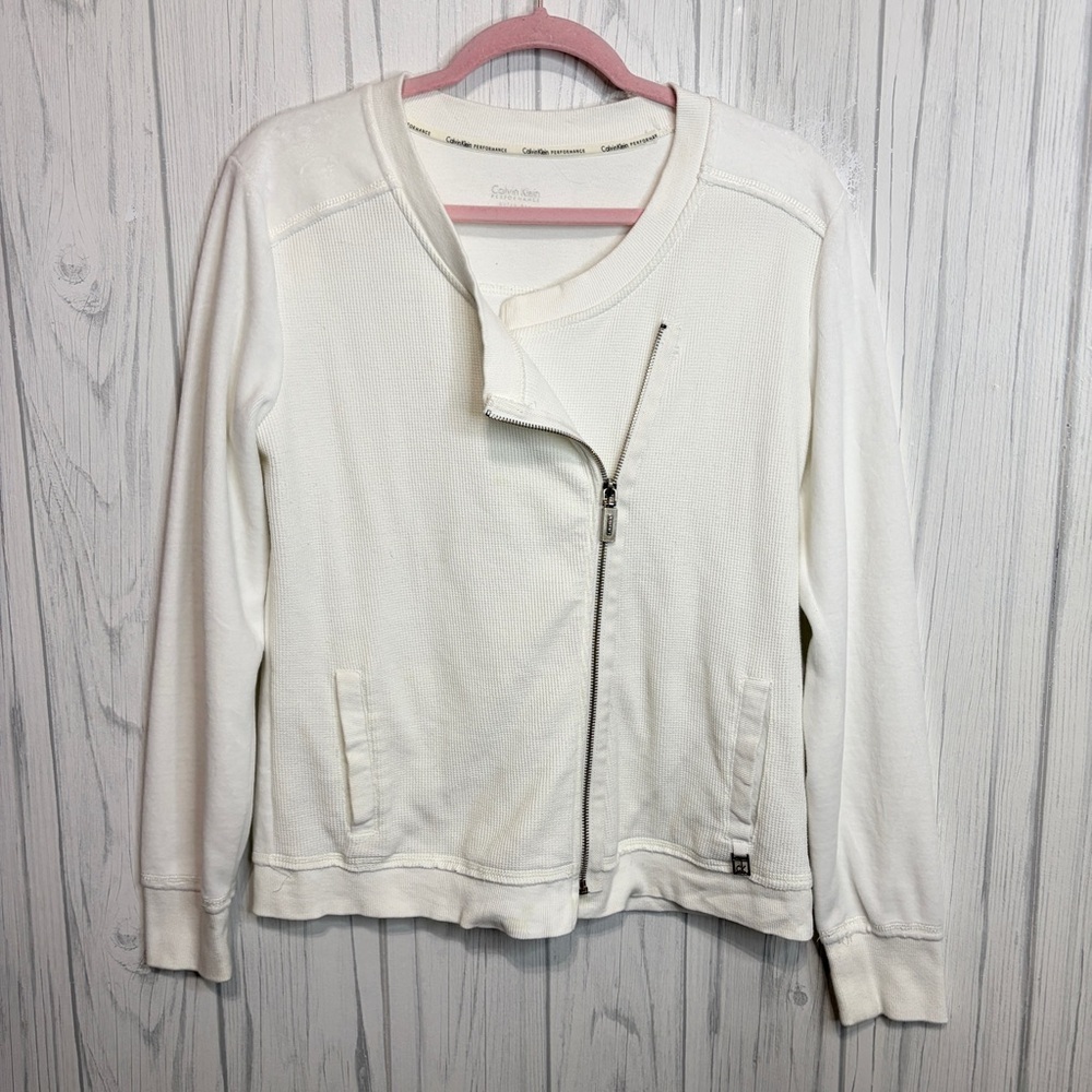 CALVIN KLEIN Performance Asymmetric Zip-Up Velour & Waffle Knit Jacket, Medium